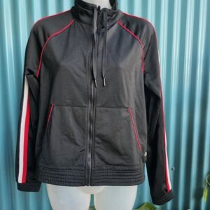 GAPFit Women's Black Track Jacket with Red and White Stripes Small